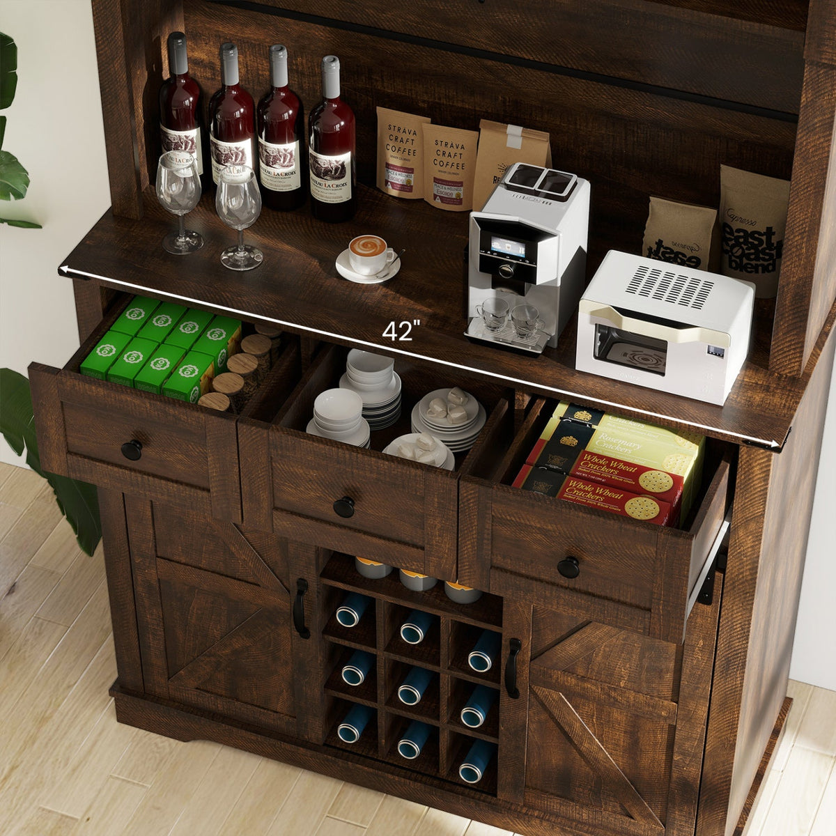 72 Inch Coffee Bar Cabinet with Drawers and Sliding Barn Doors