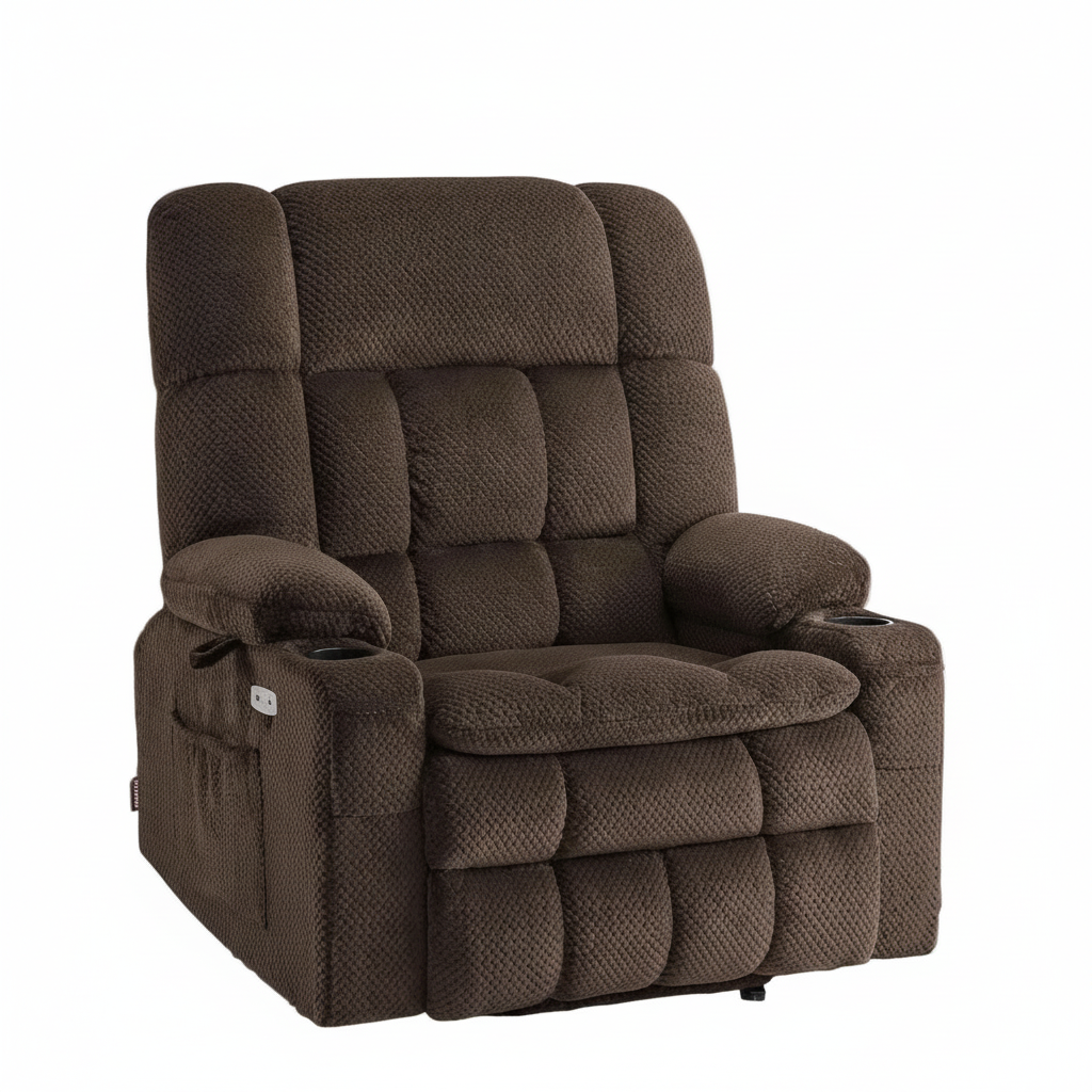 Coffee Fabric Wide Dual-Motor Lift Recliner with Massage & Heat