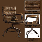 Harith Top-Grain Leather Office Chair with Wooden Armrests