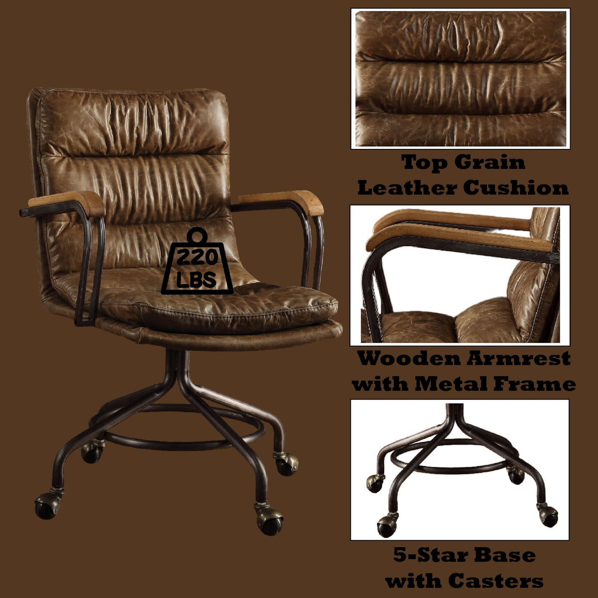 Harith Top-Grain Leather Office Chair with Wooden Armrests