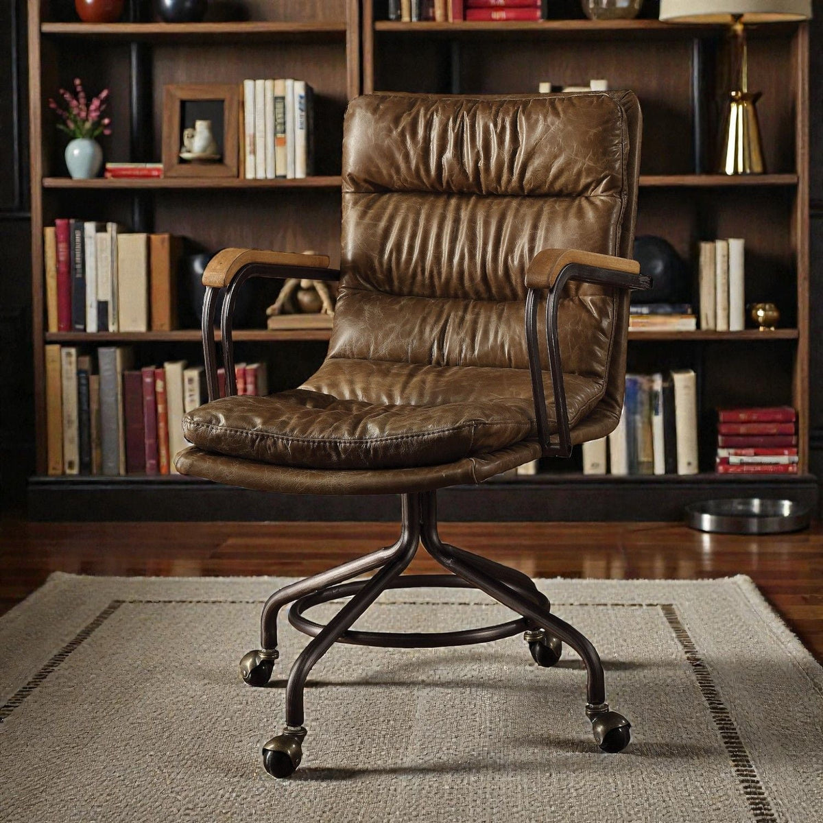 Harith Top-Grain Leather Office Chair with Wooden Armrests