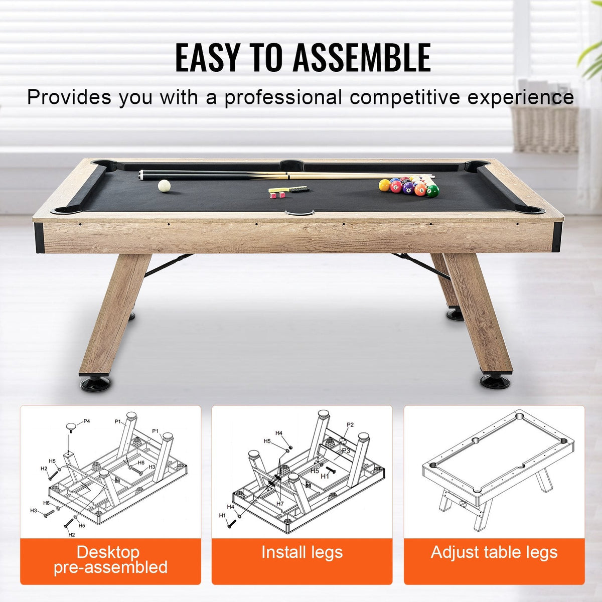 VEVOR 7 ft Pool Table | Black Cloth & Wood-Look Finish