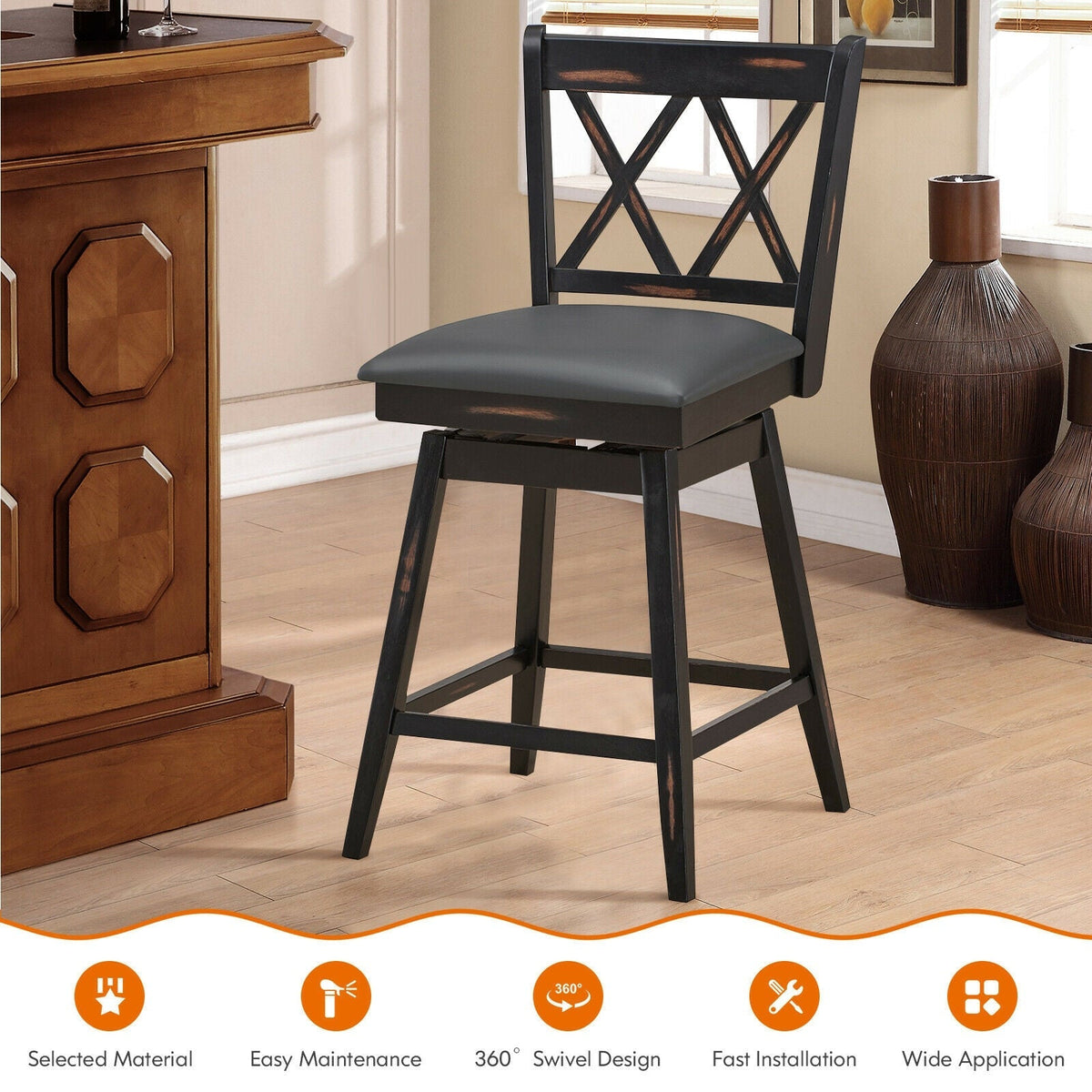 2-Piece Swivel Counter-Height Bar Stools with Rubberwood Legs