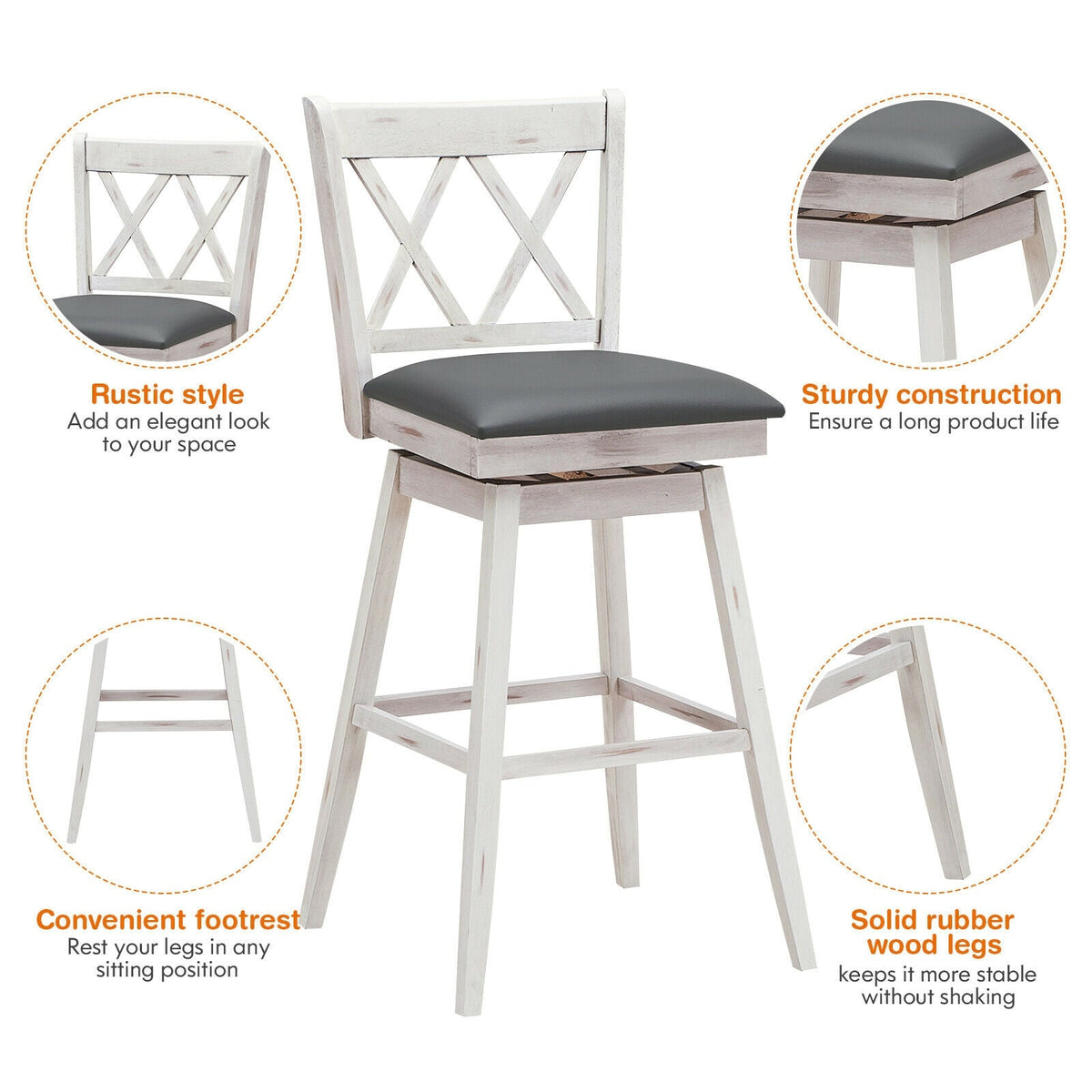 2-Piece Swivel Counter-Height Bar Stools with Rubberwood Legs