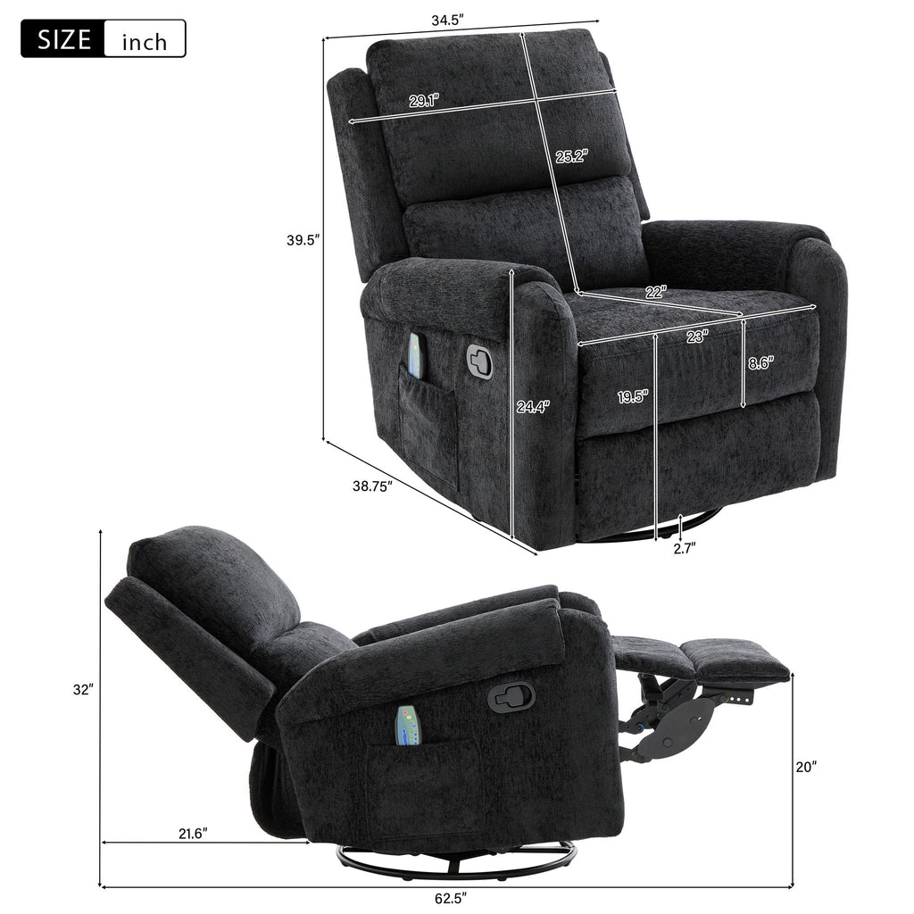 Swivel Rocker Recliner with 8-Mode Massage and Side Pocket