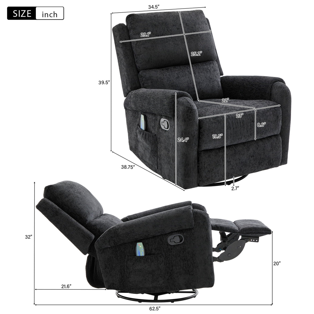 Swivel Rocker Recliner with 8-Mode Massage and Side Pocket