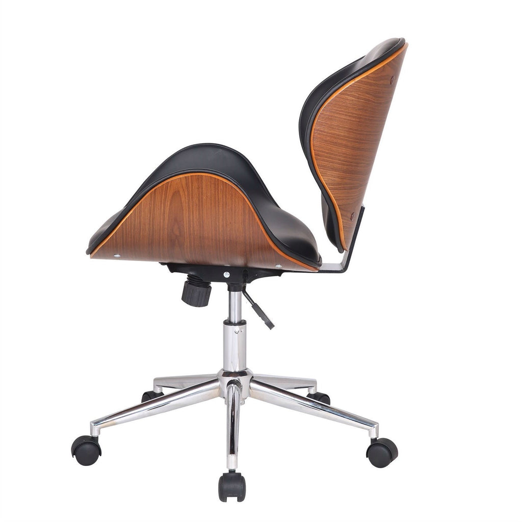 Walnut and Black Faux Leather Office Chair with Curved Seat