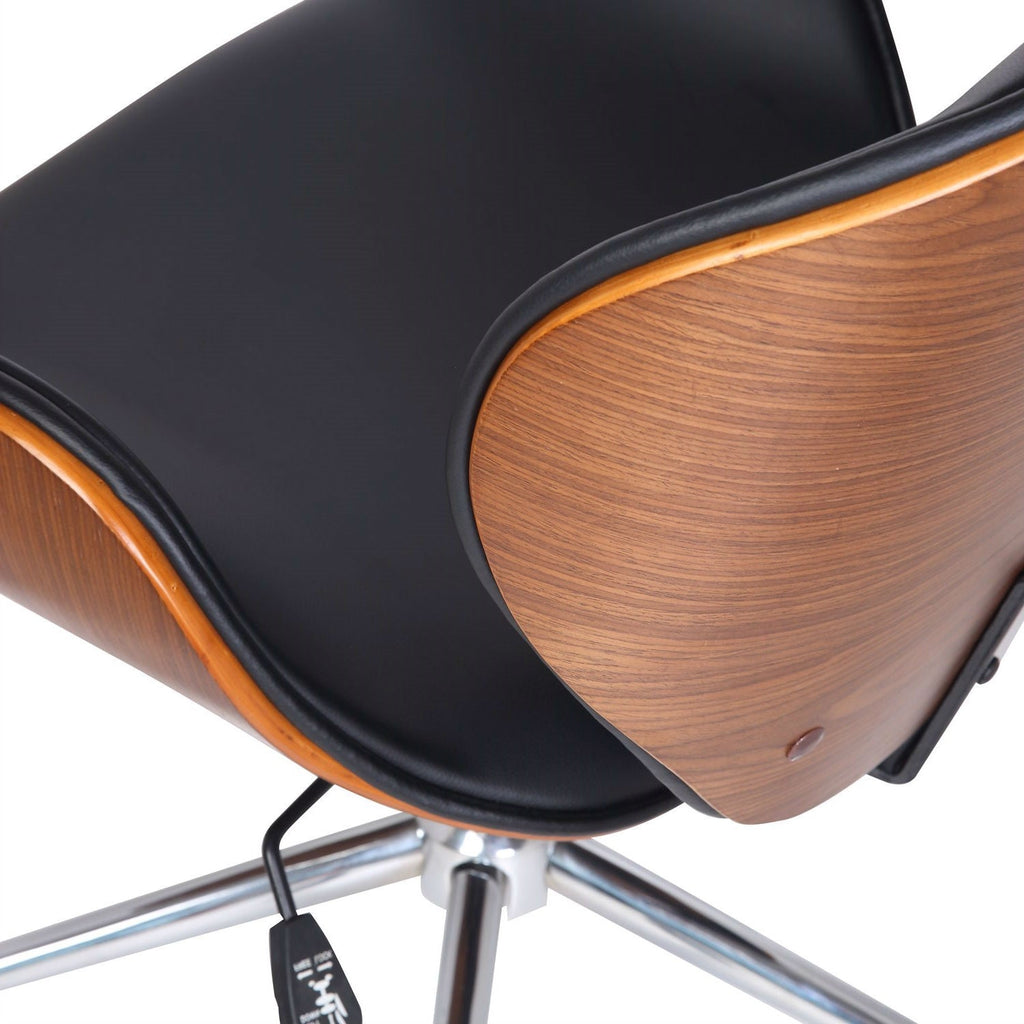 Walnut and Black Faux Leather Office Chair with Curved Seat