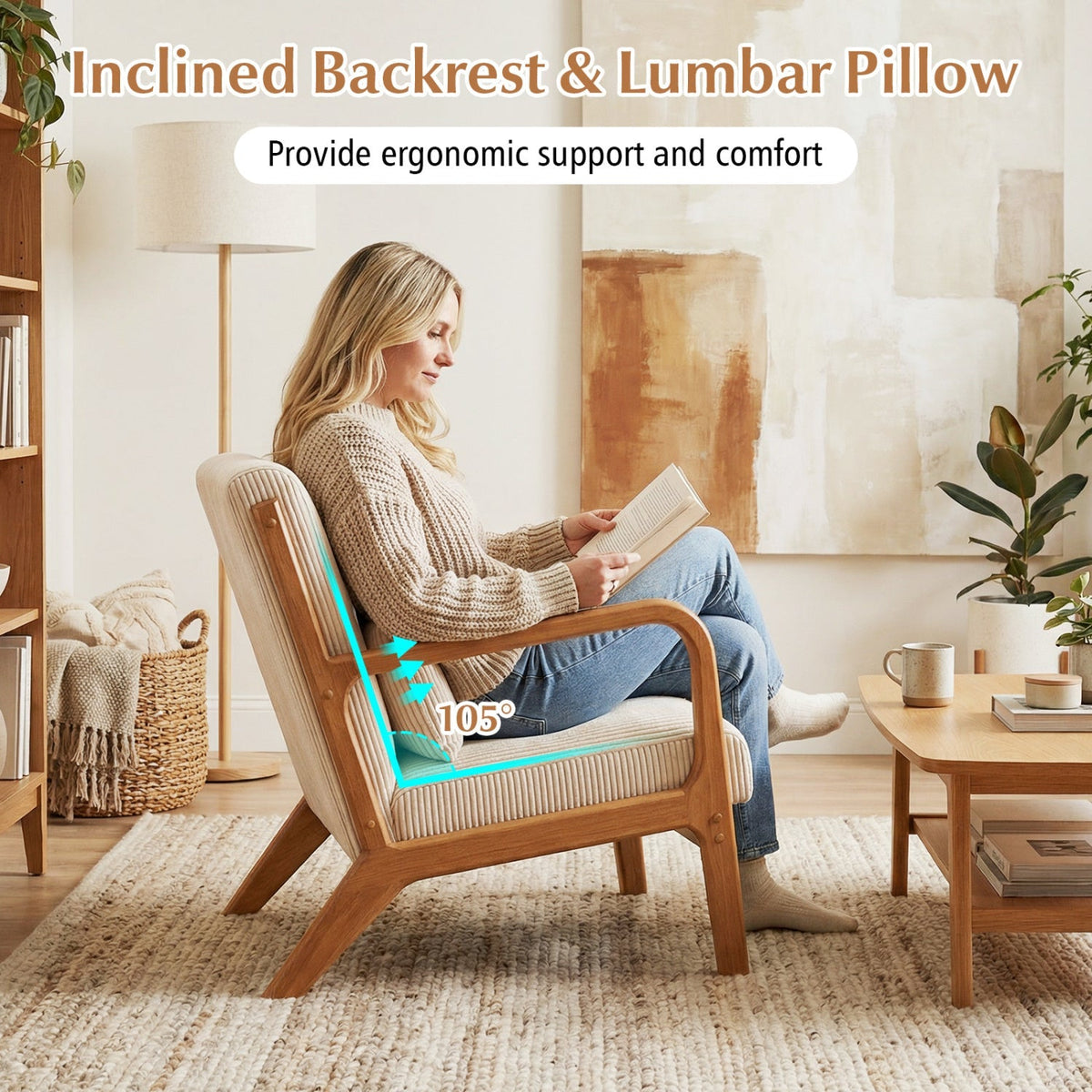 Accent Chair Corduroy Upholstered Lounge Chair with Lumbar Pillow