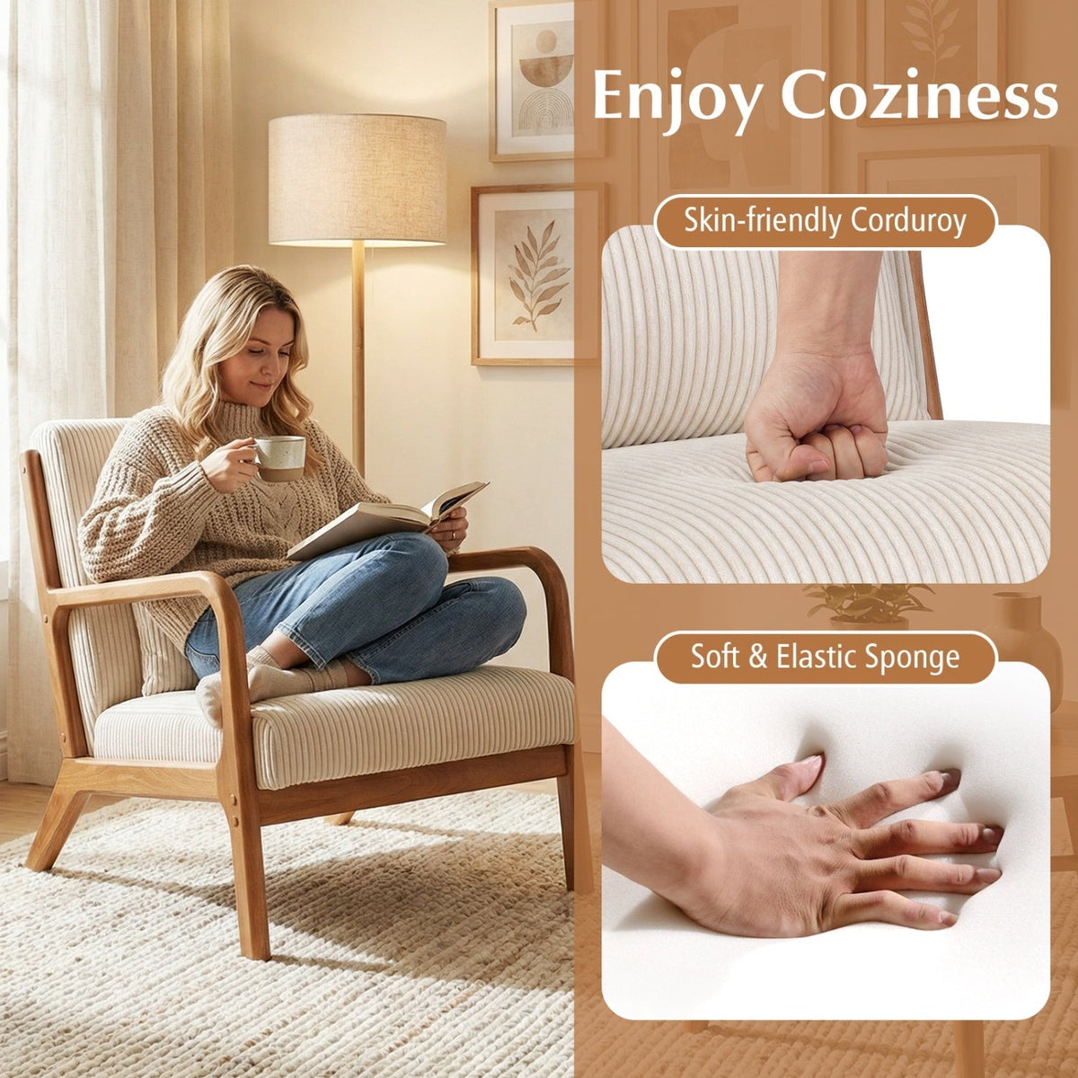 Accent Chair Corduroy Upholstered Lounge Chair with Lumbar Pillow