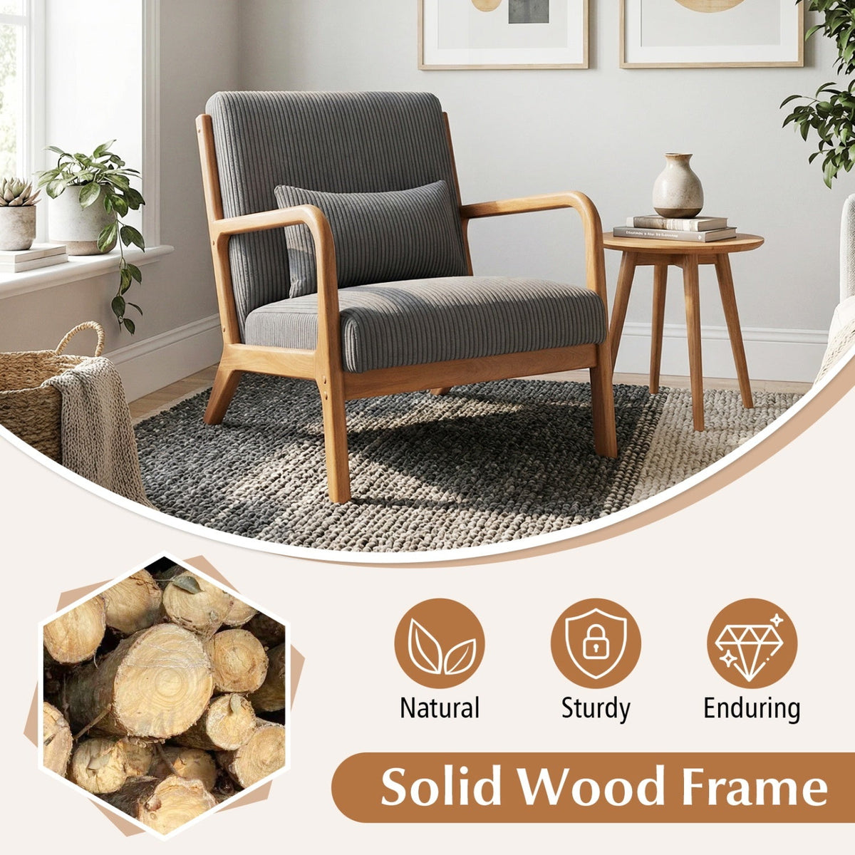 Accent Chair Corduroy Upholstered Lounge Chair with Lumbar Pillow