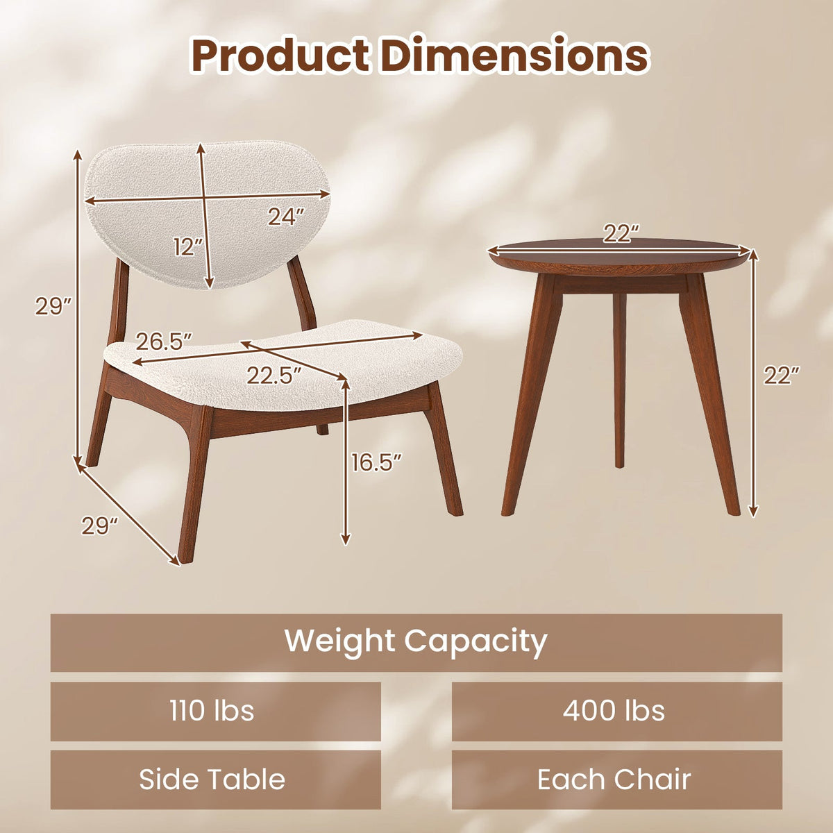 Accent Chairs Set of 2 with Side Table and Solid Wood Frame