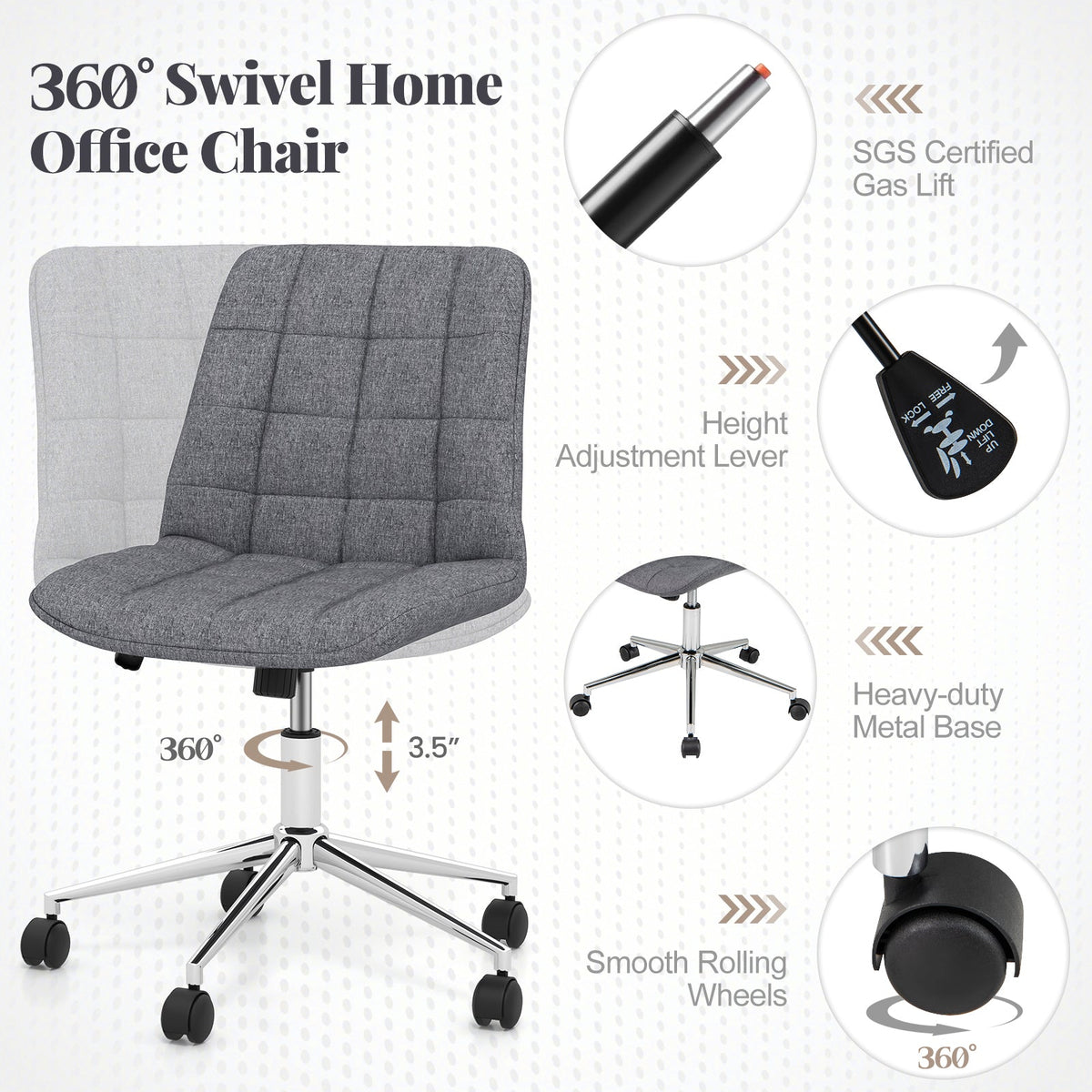 Armless Office Chair Upholstered Makeup Vanity Chair with Adjustable Height and Wheels-Grey