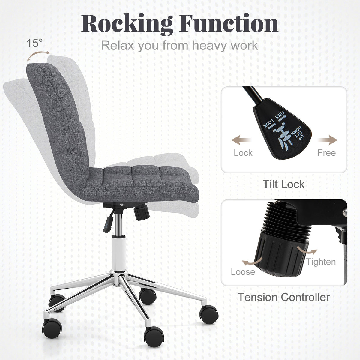 Armless Office Chair Upholstered Makeup Vanity Chair with Adjustable Height and Wheels-Grey