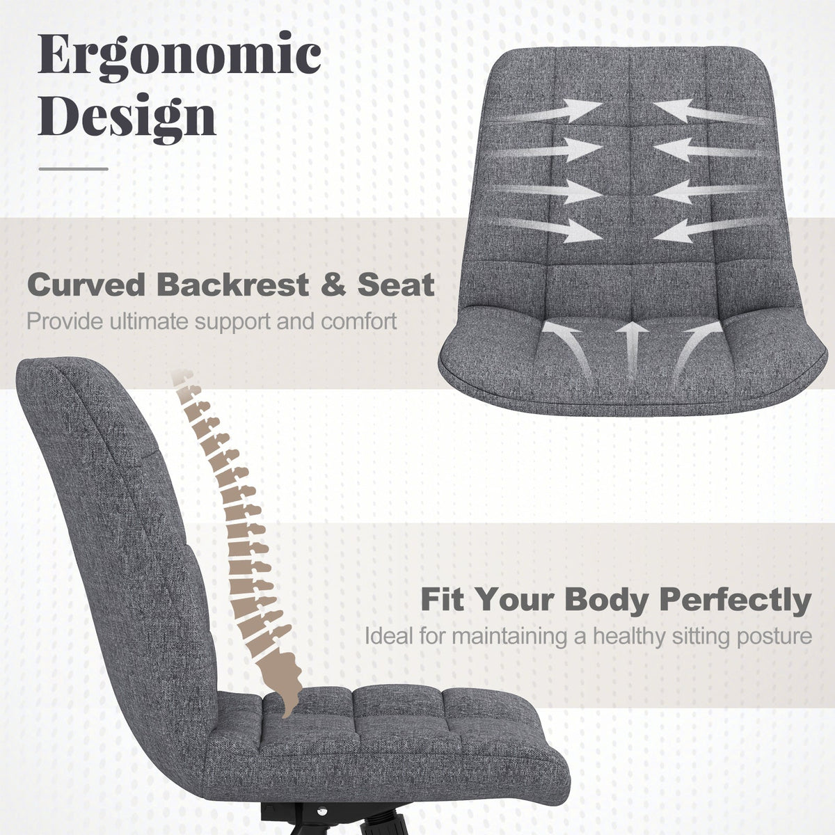 Armless Office Chair Upholstered Makeup Vanity Chair with Adjustable Height and Wheels-Grey