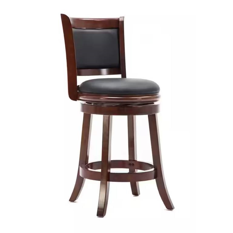 Counter Height Bar Stools in Cherry Wood Finish with Black Padded Swivel Seat