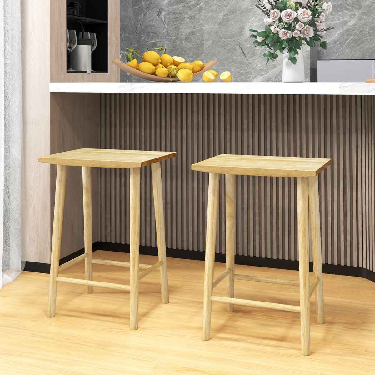 25.5" Rubber Wood Bar Stools with Footrest - Set of 2