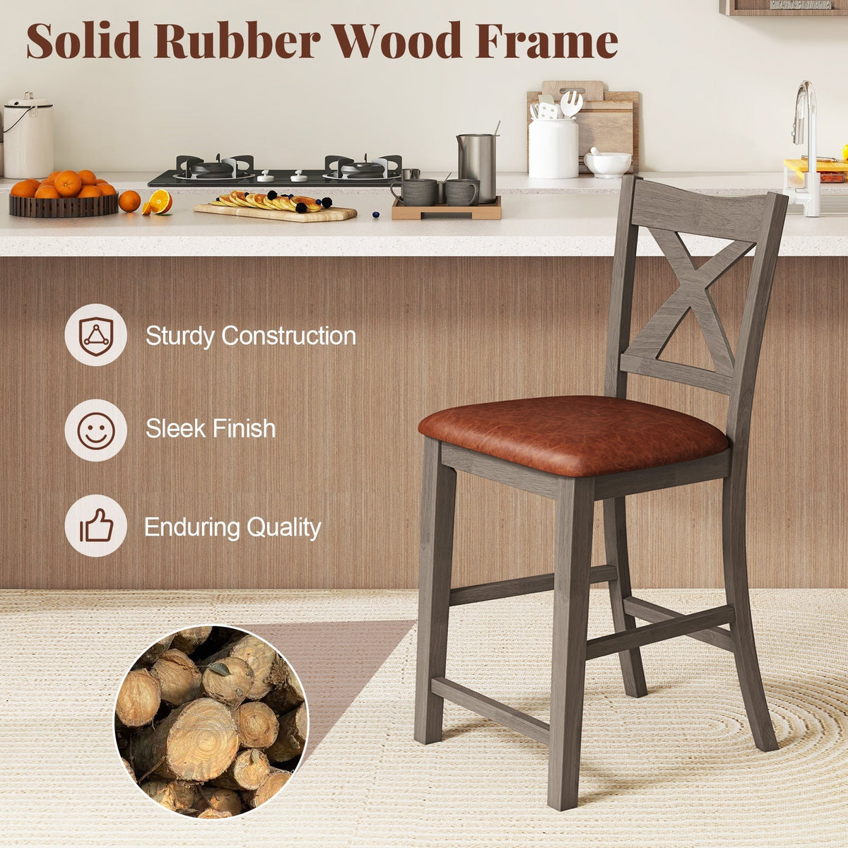 Bar Stools Set of 2 with Cross Back and Faux Leather Upholstered Seat-Gray