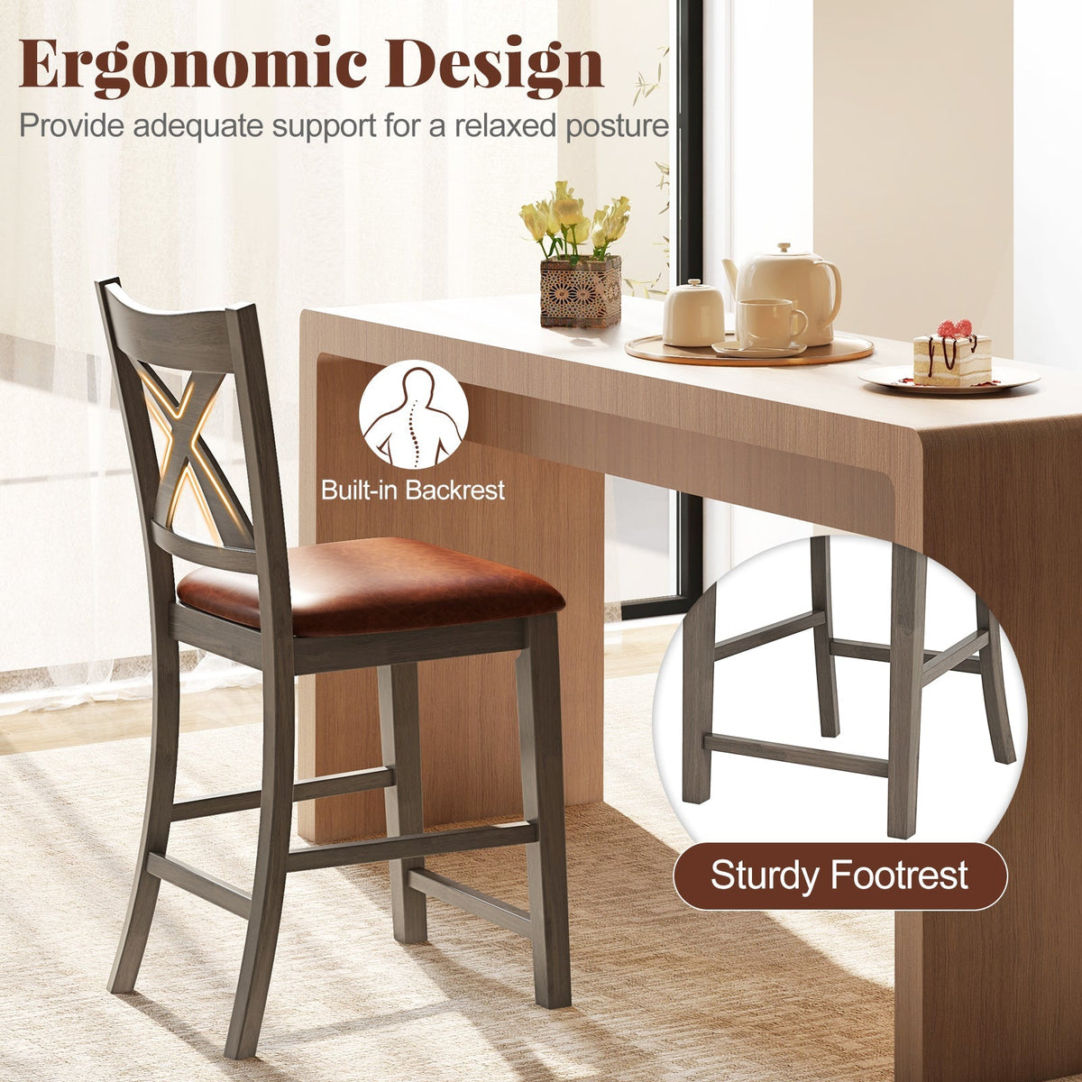 Bar Stools Set of 2 with Cross Back and Faux Leather Upholstered Seat-Gray