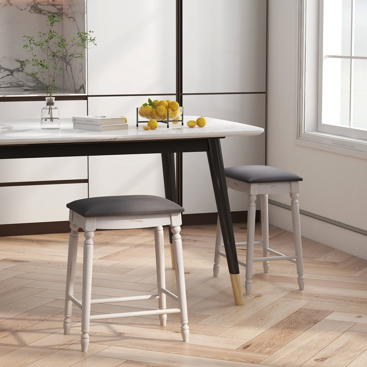 Bar Stool Set of 2 with Padded Seat Cushions and Wood Legs