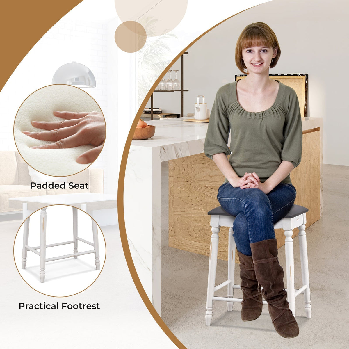 Bar Stool Set of 2 with Padded Seat Cushions and Wood Legs