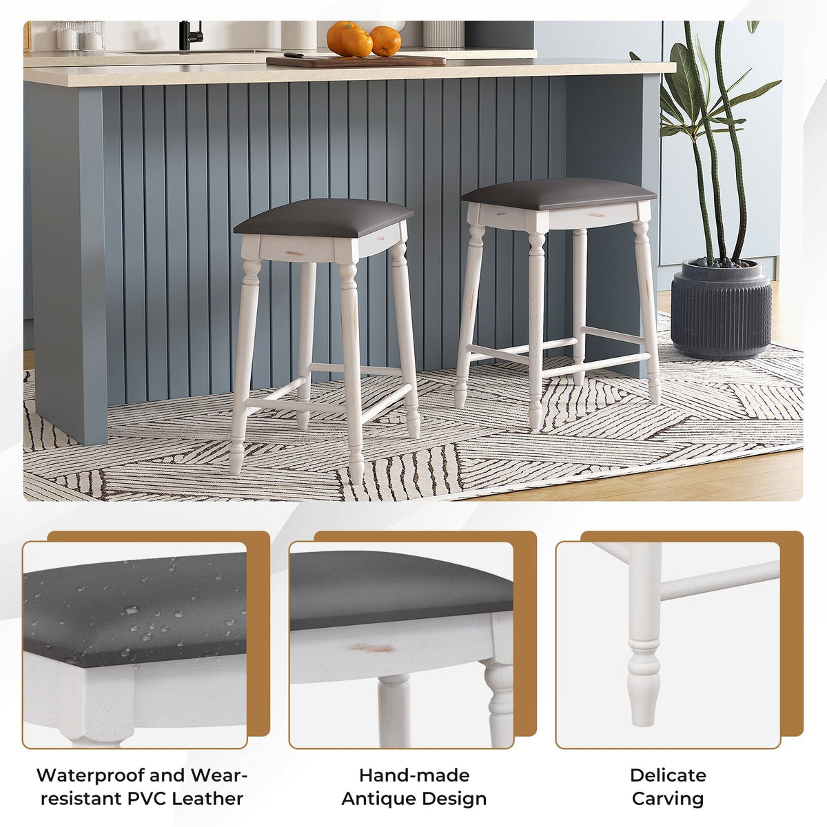 Bar Stool Set of 2 with Padded Seat Cushions and Wood Legs