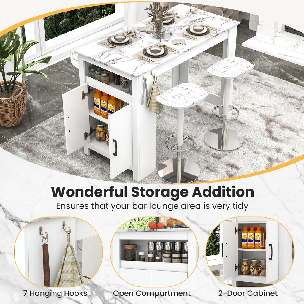Bar Table Faux Marble Pub Table with 7 Hanging Hooks Compartment-White