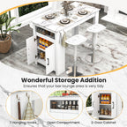 Bar Table Faux Marble Pub Table with 7 Hanging Hooks Compartment-White