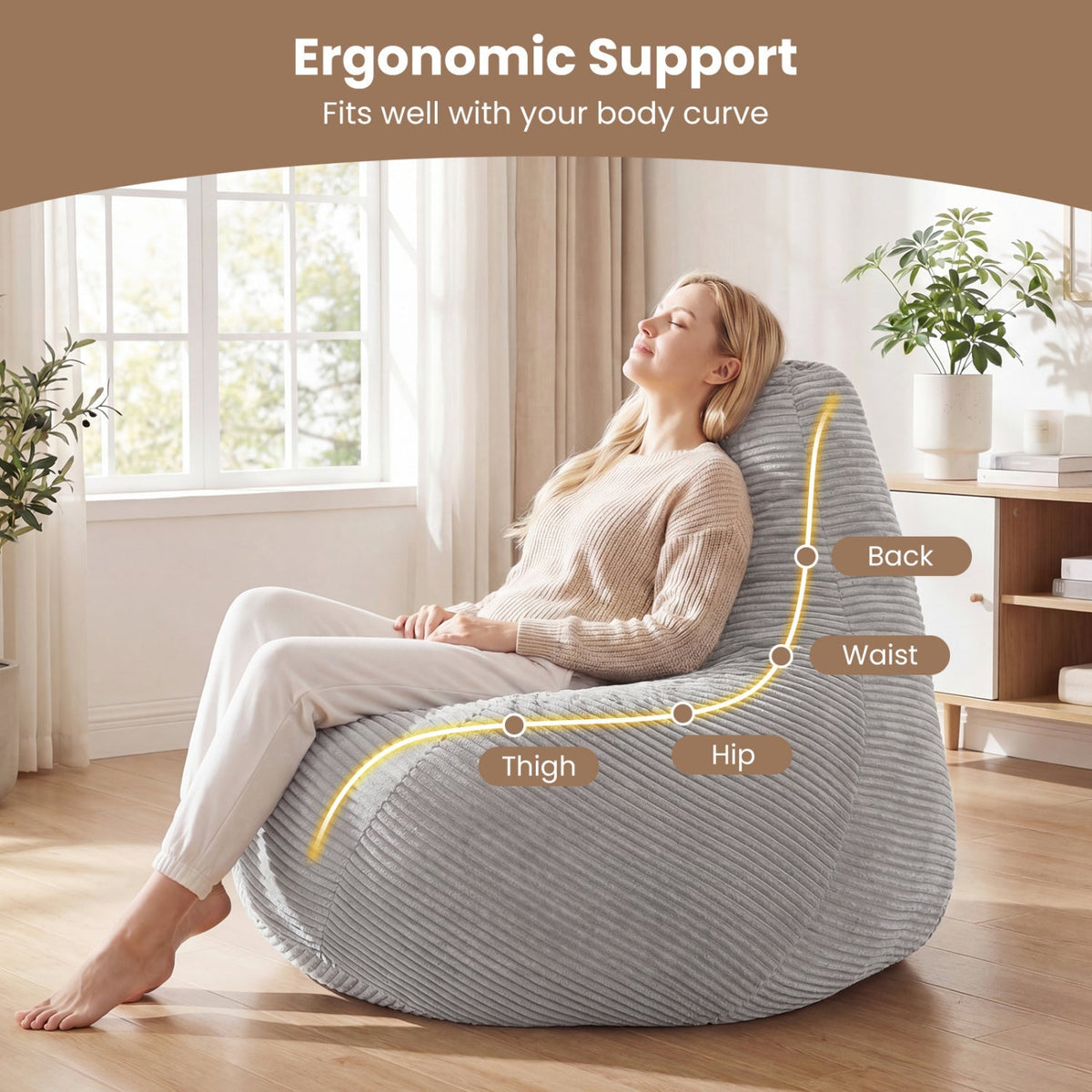 Bean Bag Chair for Adults Accent Lazy Sofa with Skin-friendly Corduroy Cover and Soft Sponge Filling