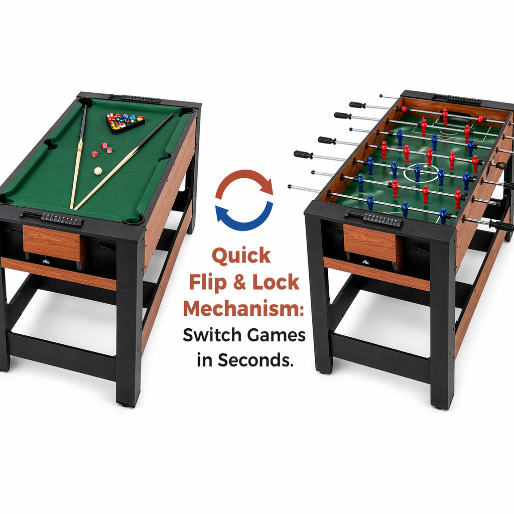 2-in-1 Foosball and Pool Combo Table with Legs, Black & Brown