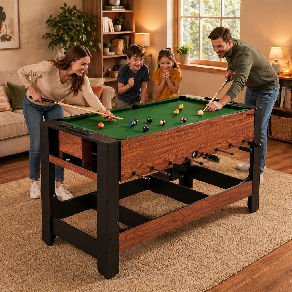 2-in-1 Foosball and Pool Combo Table with Legs, Black & Brown