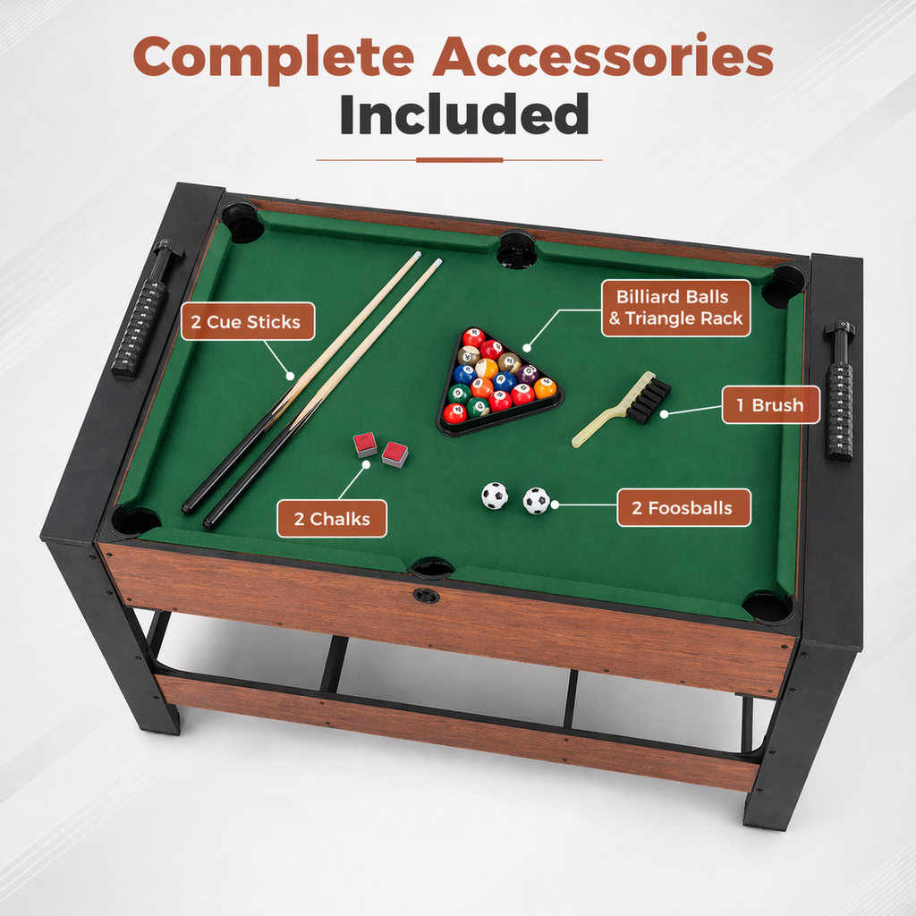 2-in-1 Foosball and Pool Combo Table with Legs, Black & Brown