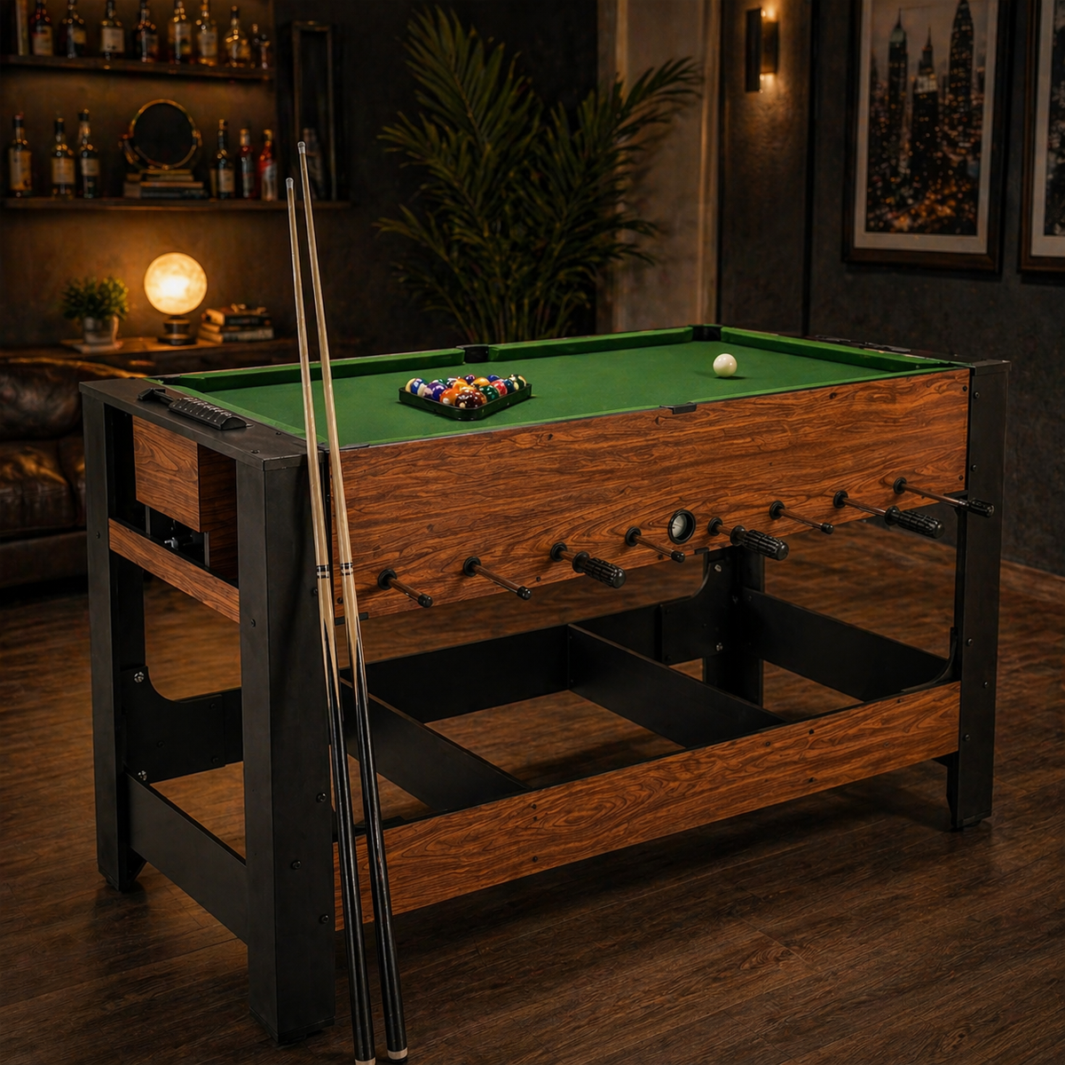 2-in-1 Foosball and Pool Combo Table with Legs, Black & Brown