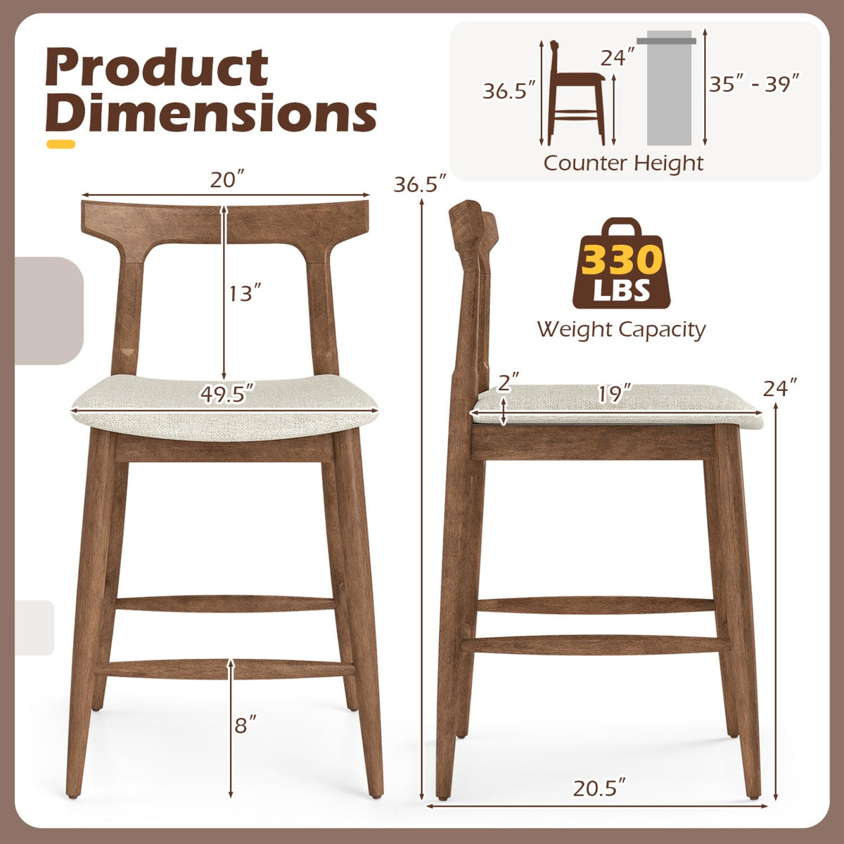 24" Counter Height Solid Wood Bar Stools with Curved Backs