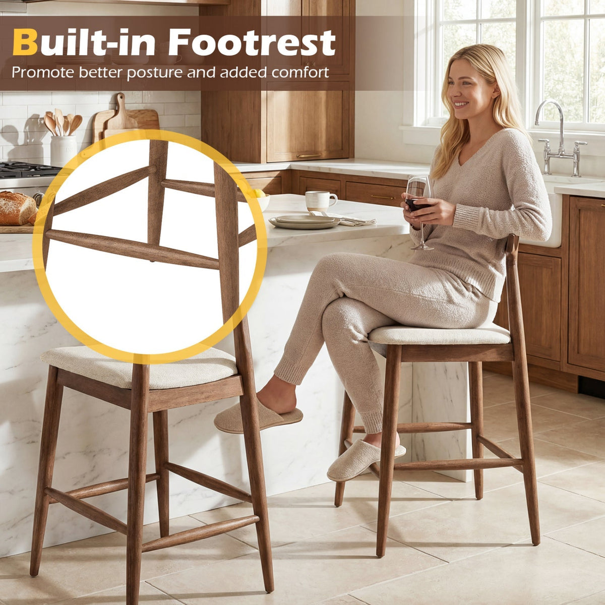 24" Counter Height Solid Wood Bar Stools with Curved Backs