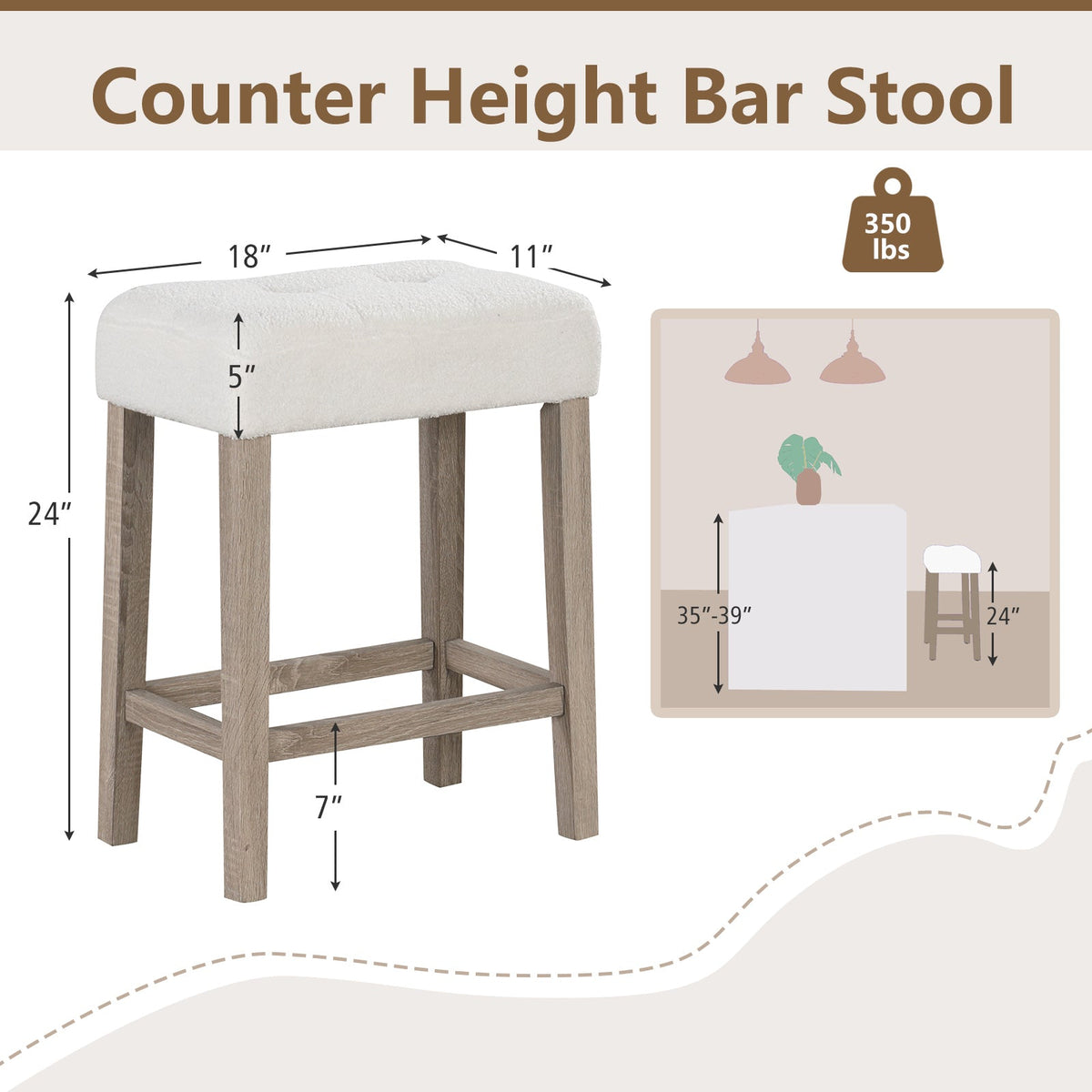 Modern Counter Height Bar Stools Set of 2 with Rubber Wood Legs