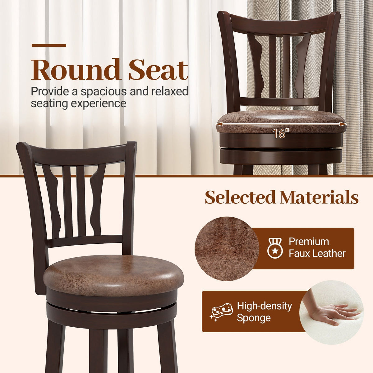 Counter Height Swivel Bar Stools Set of 2 with Back and Solid Rubber Frame