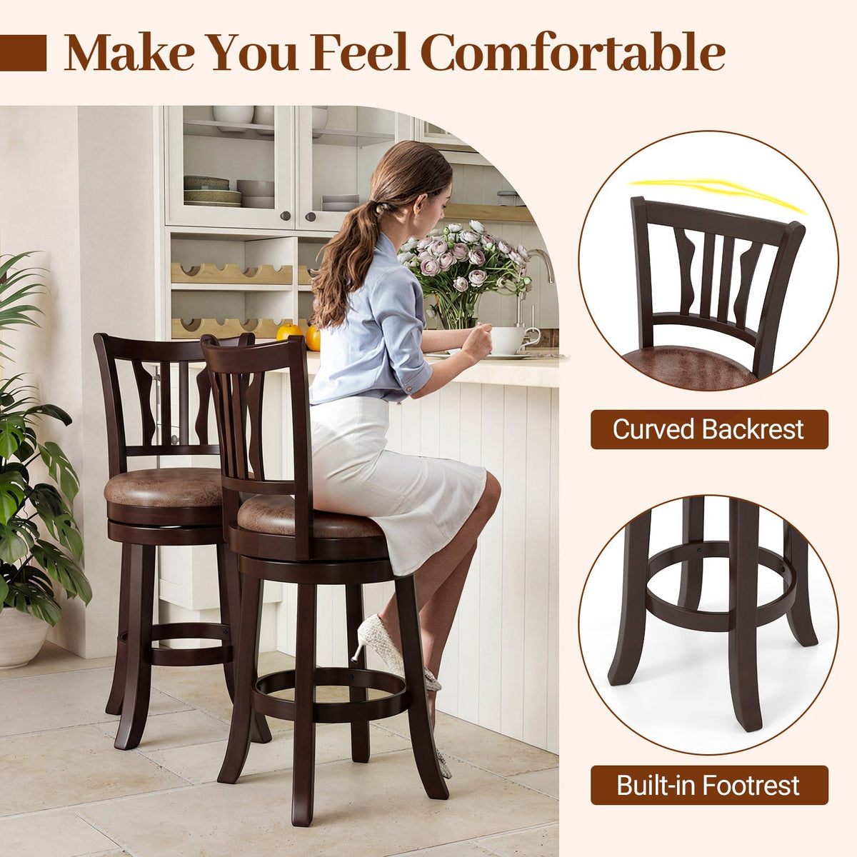 Counter Height Swivel Bar Stools Set of 2 with Back and Solid Rubber Frame