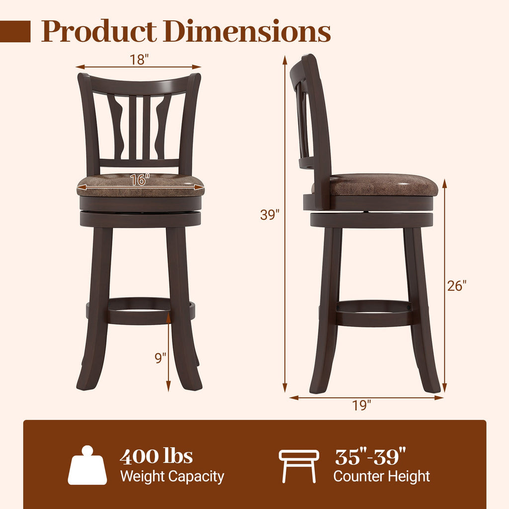 Counter Height Swivel Bar Stools Set of 2 with Back and Solid Rubber Frame