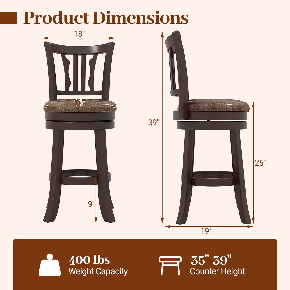 Counter Height Swivel Bar Stools Set of 2 with Back and Solid Rubber Frame