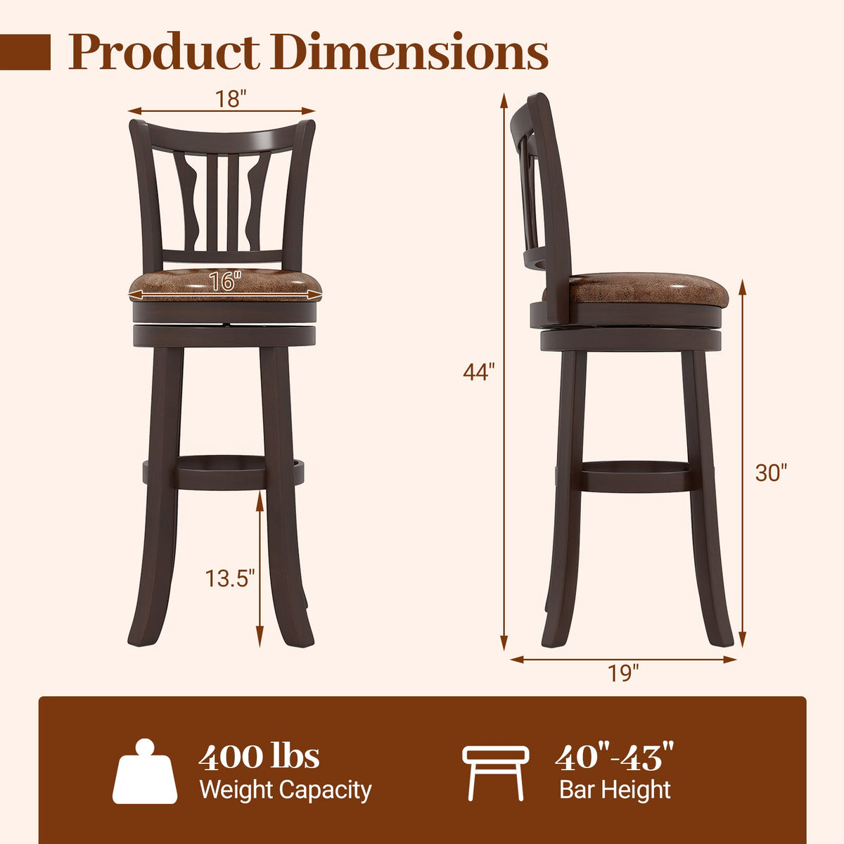Counter Height Swivel Bar Stools Set of 2 with Back and Solid Rubber Frame