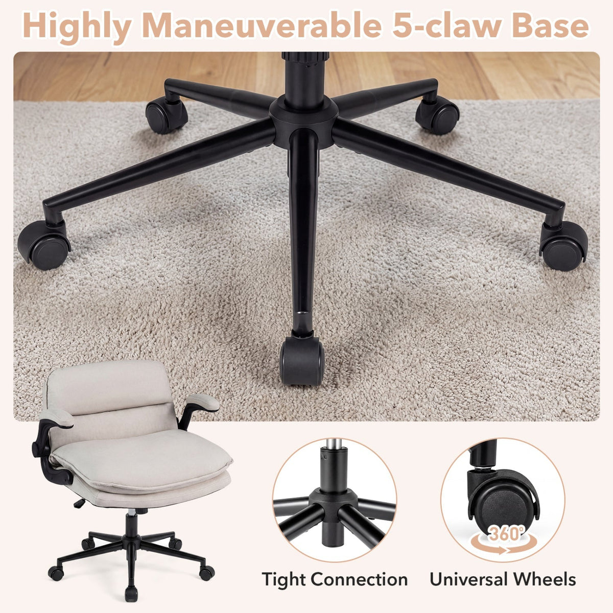 Criss Cross Chair on Wheels with Flip-up Arms Adjustable Height