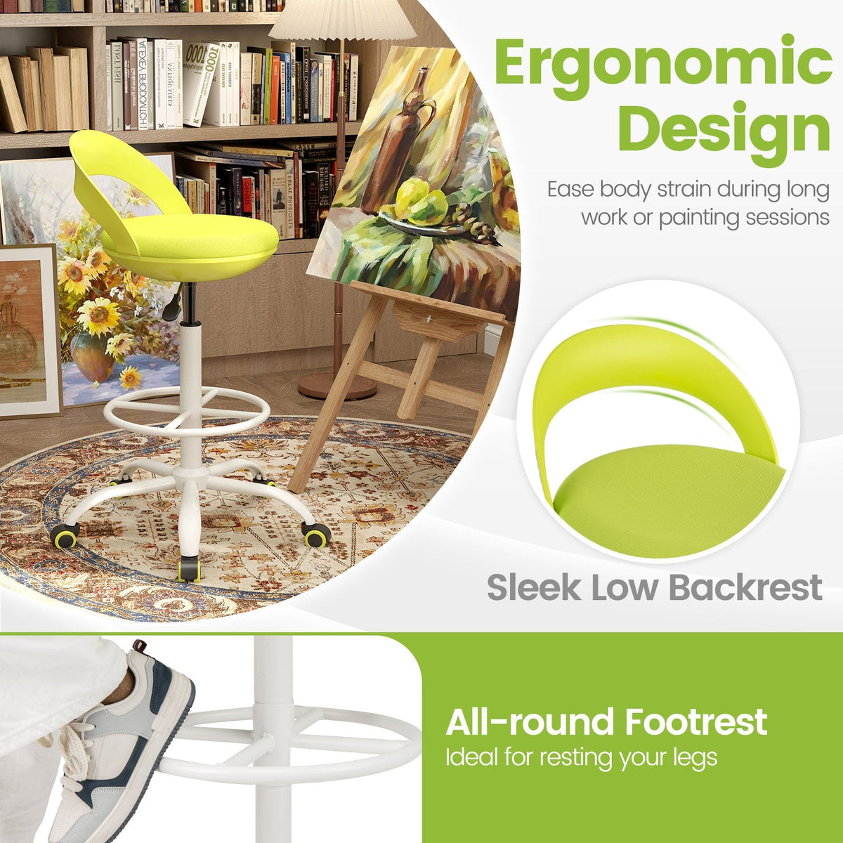 Drafting Stool Rolling Tall Desk Chair with Wheels-Green