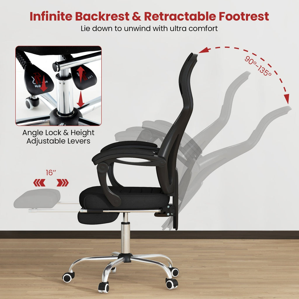 Ergonomic Mesh Office Chair with Footrest and Tilting Backrest-Black