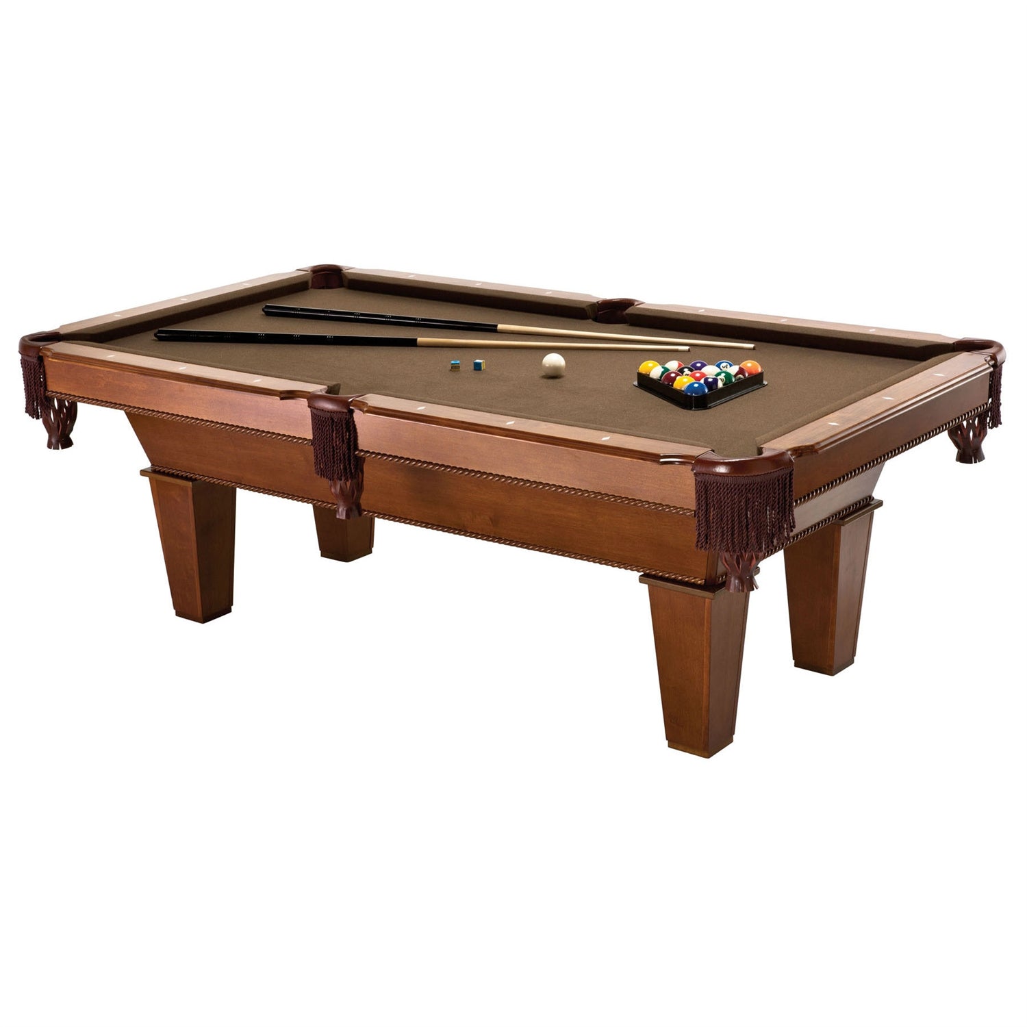 7 Ft Brown Wool Cloth Top Pool Table with 2 Cues and Billiards Balls