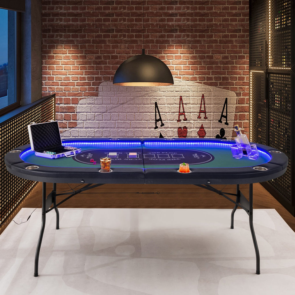 Foldable 10-Player Poker Table with LED Lights and USB Ports