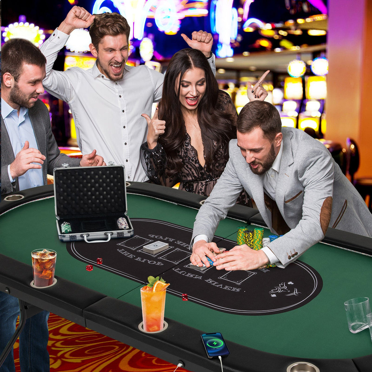 Foldable 10-Player Poker Table with LED Lights and USB Ports