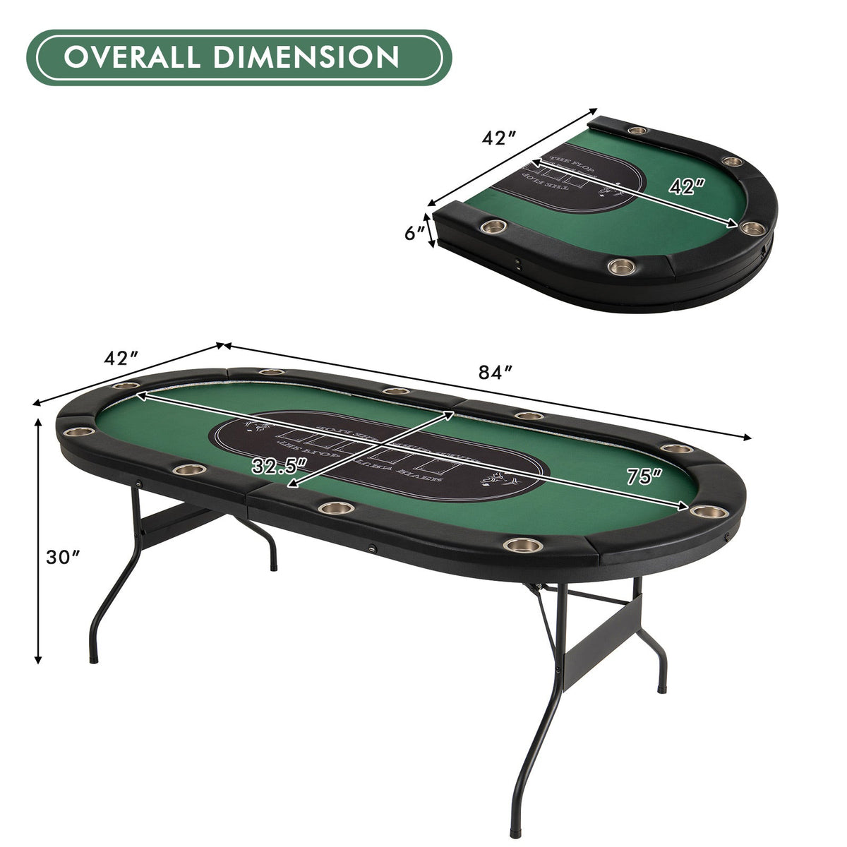 Foldable 10-Player Poker Table with LED Lights and USB Ports