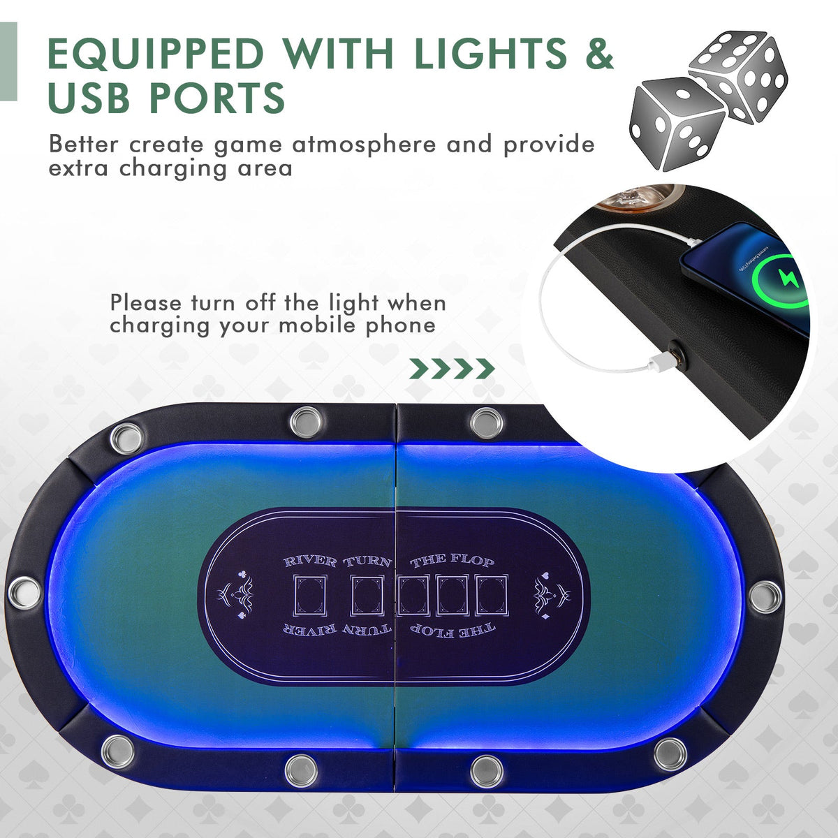 Foldable 10-Player Poker Table with LED Lights and USB Ports