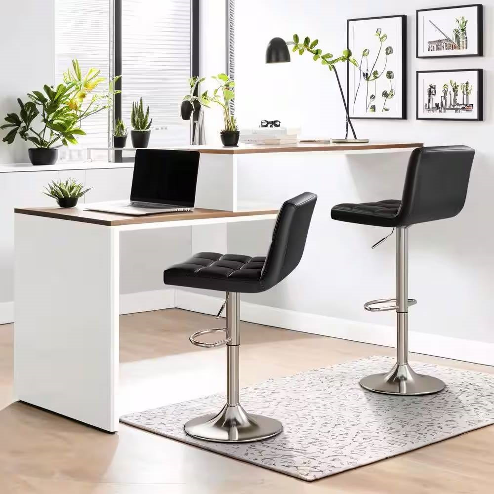 Adjustable Black Faux Leather Swivel Bar Stools